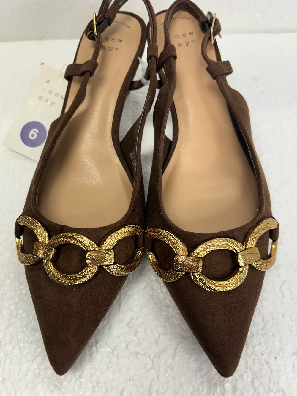 a new day Brown Pointed Slingback Flats with Gold Chain Embellishment